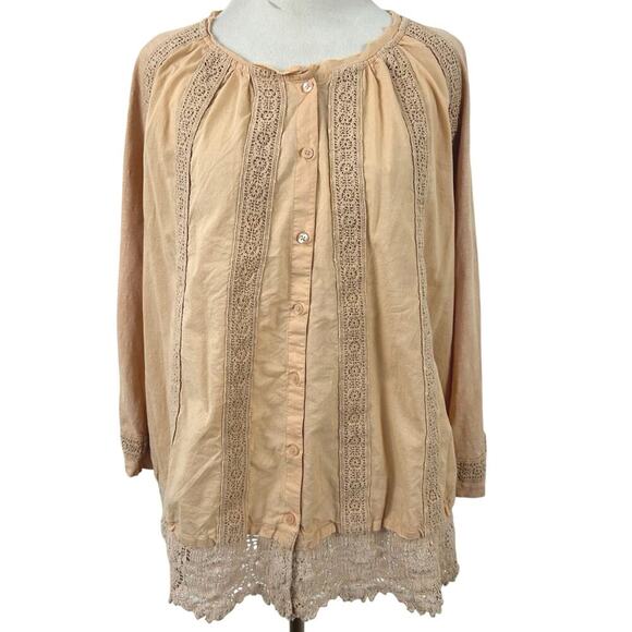LOGO by Lori Goldstein Tops - LOGO by Lori Goldstein Peach Cotton Lace Trim Button Front Boho Tunic Top M